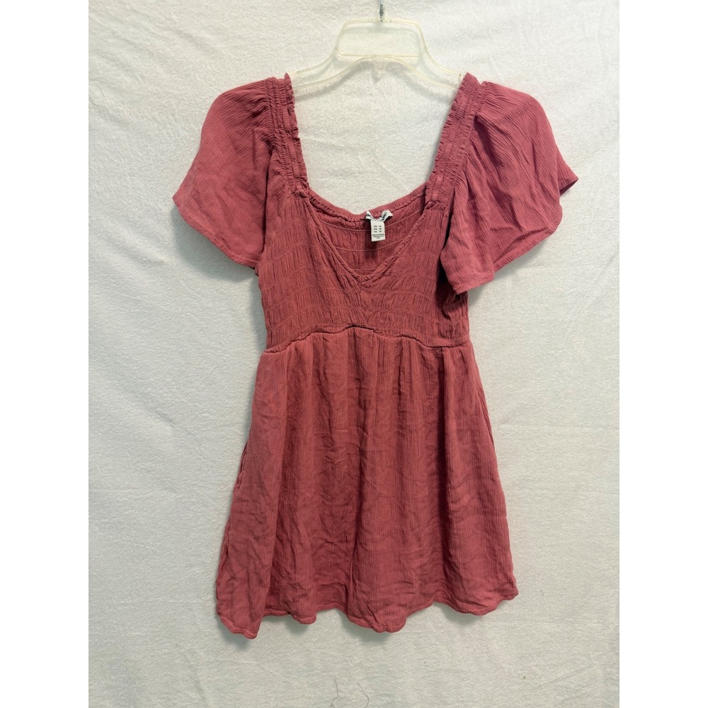 Charlotte Russe Pink Smocked V-Neck Mini Dress Short Sleeve Pockets CR40161 M